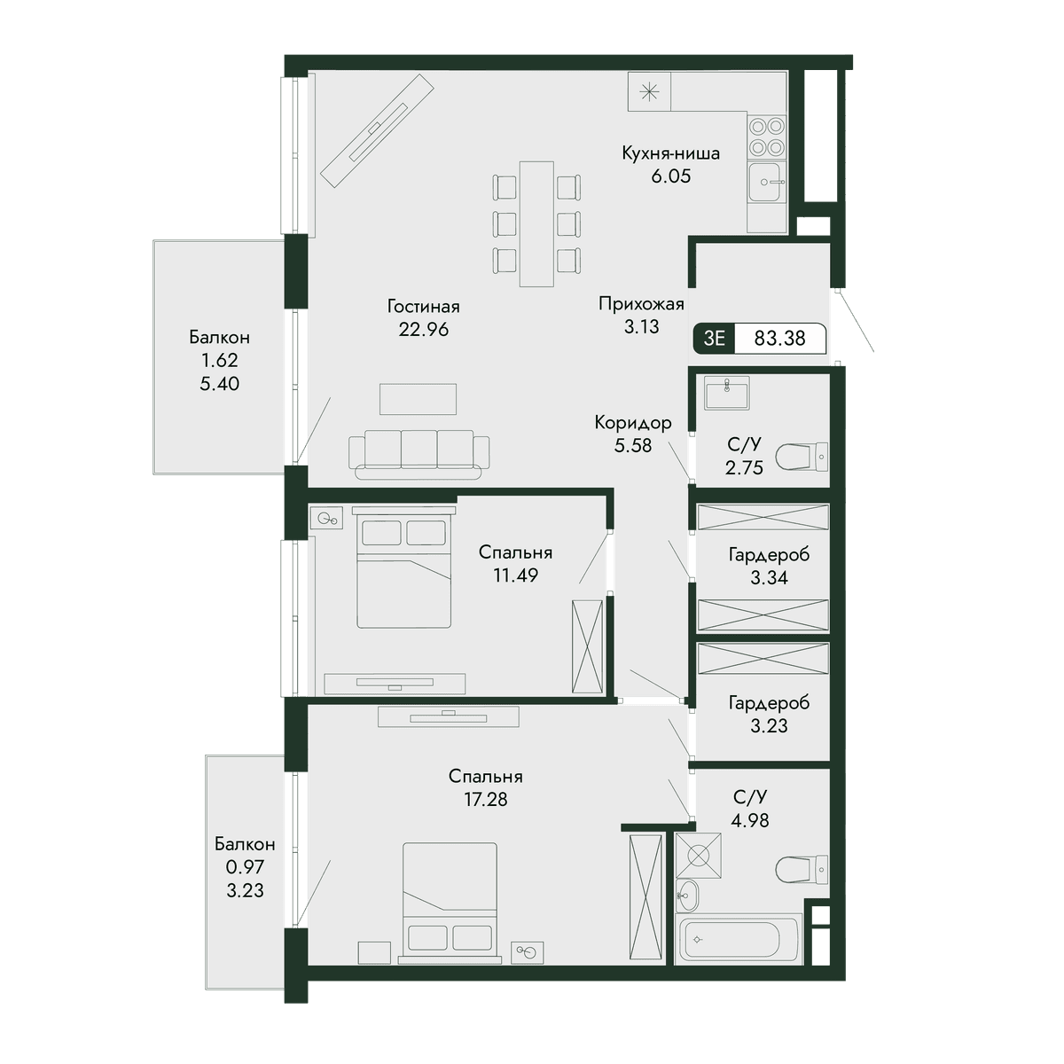 3-к, 83.38 м² · Парковая Резиденция