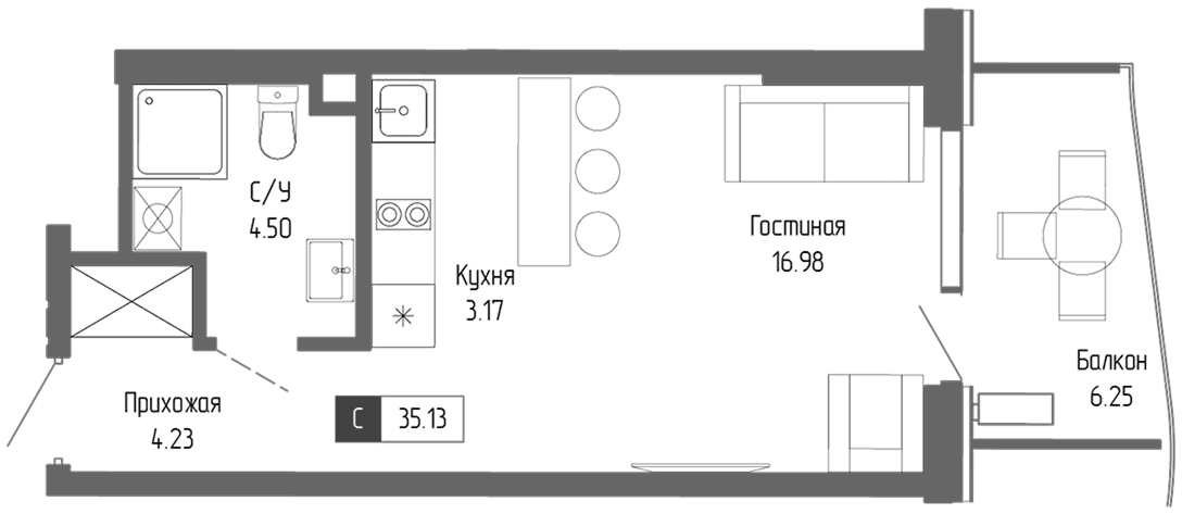 1-к, 35.13 м² · Крымская Резиденция
