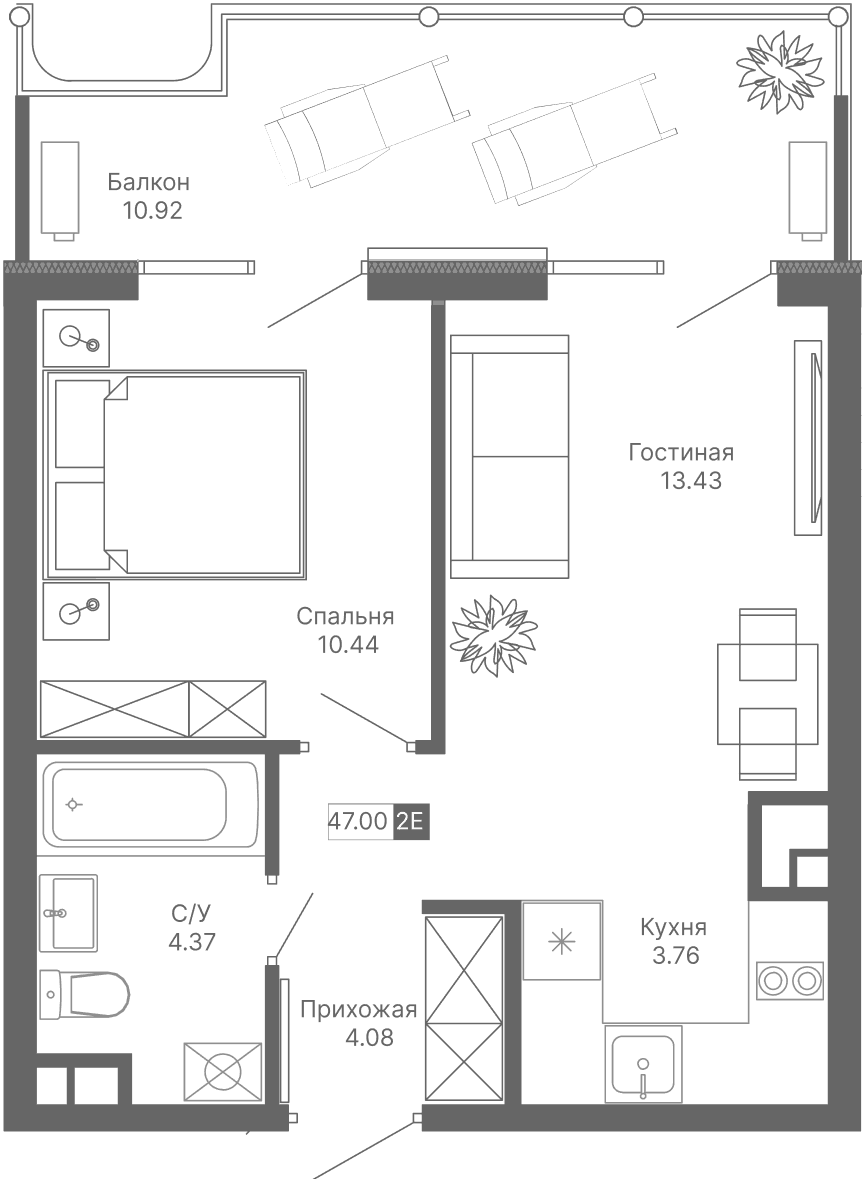 2-к, 47 м² · Крымская Резиденция