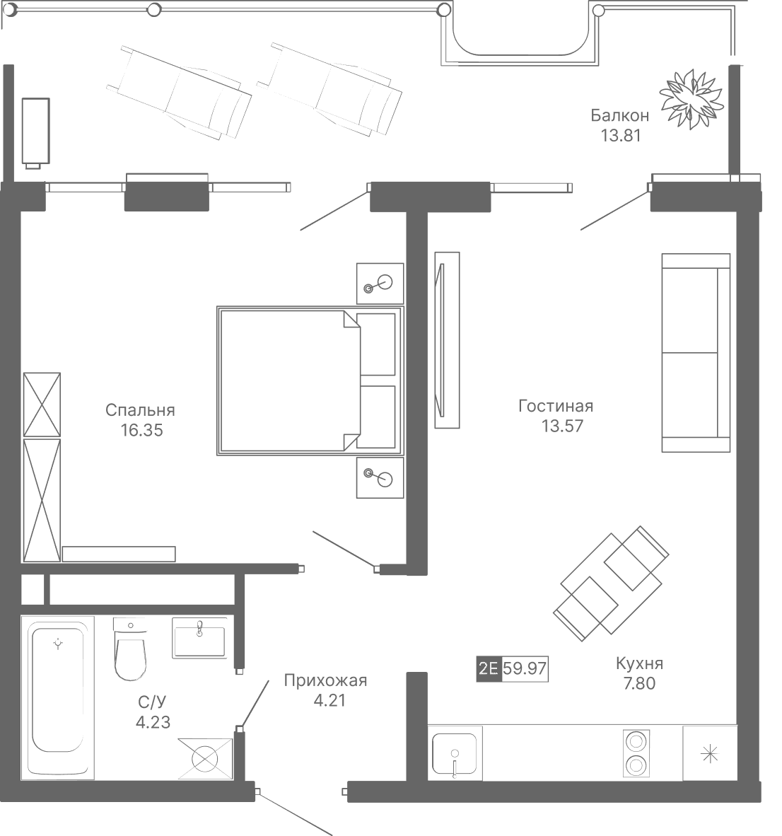 2-к, 59.97 м² · Крымская Резиденция