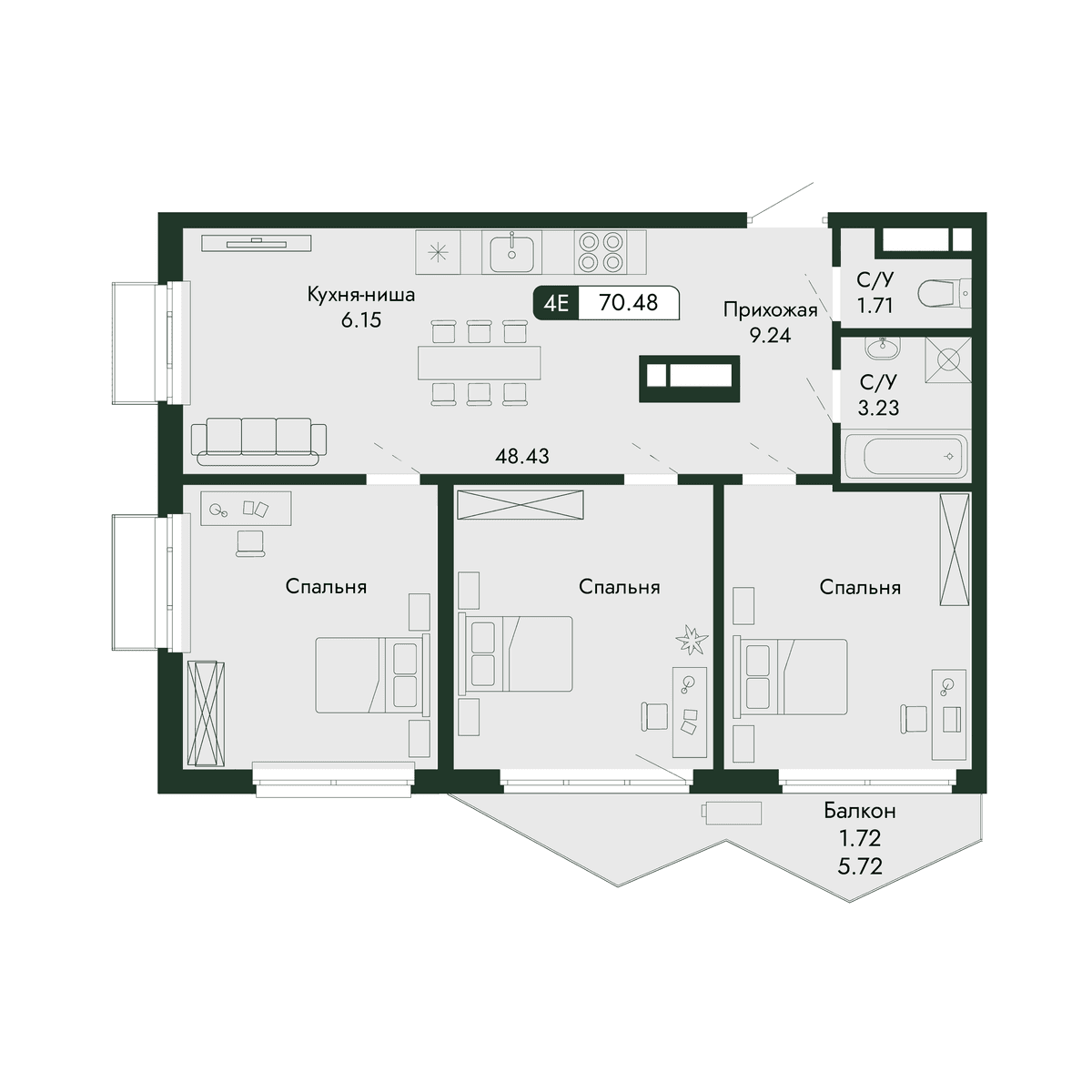 4-к, 70.48 м² · Парковая Резиденция