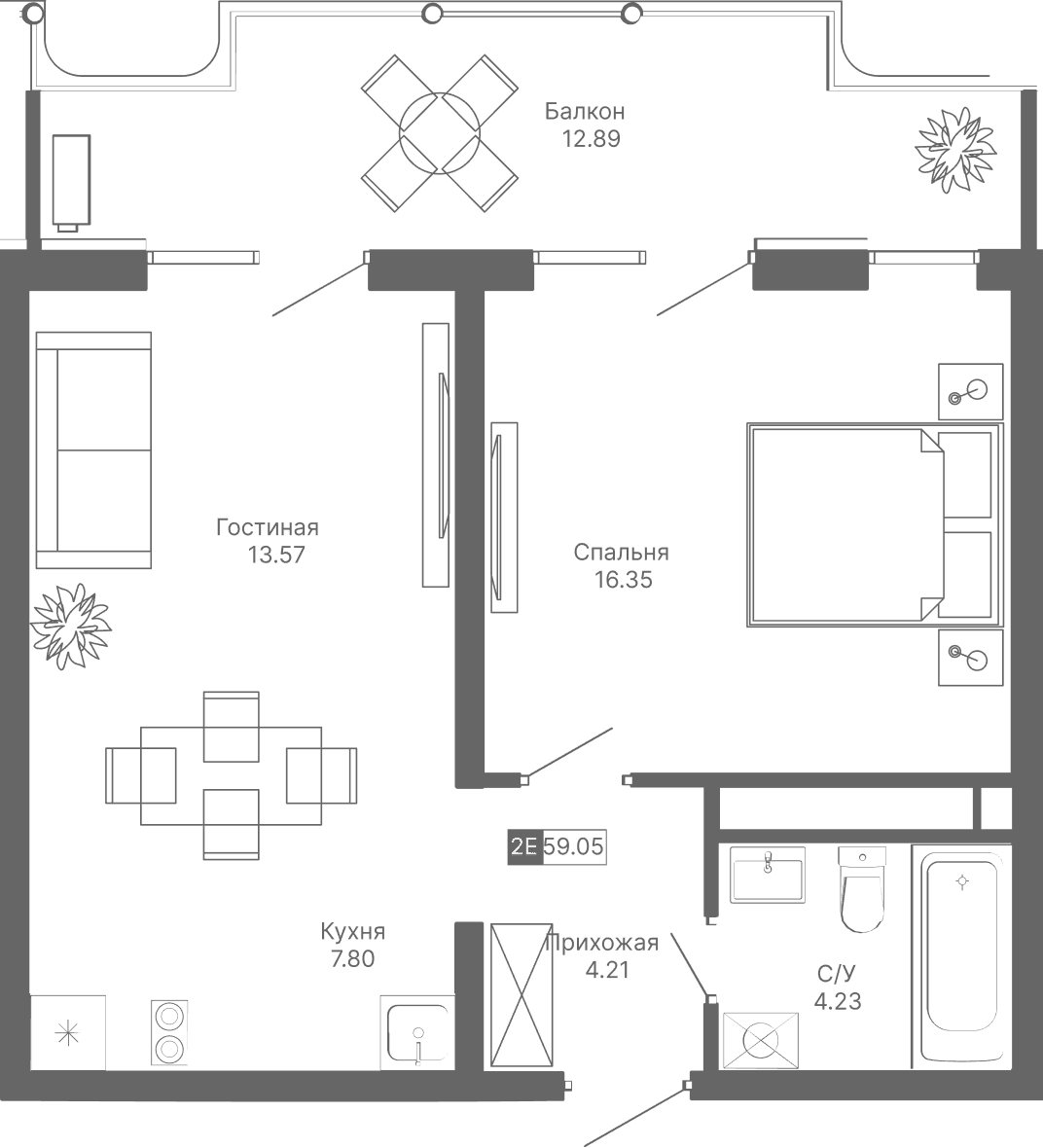 2-к, 59.05 м² · Крымская Резиденция