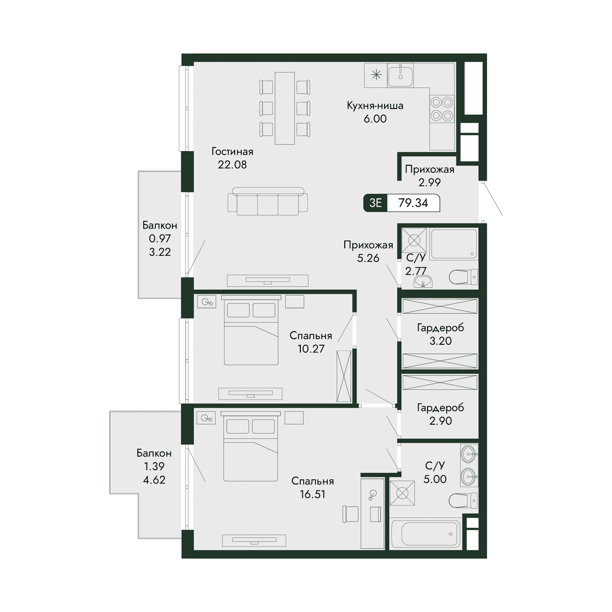 3-к, 79.34 м² · Парковая Резиденция