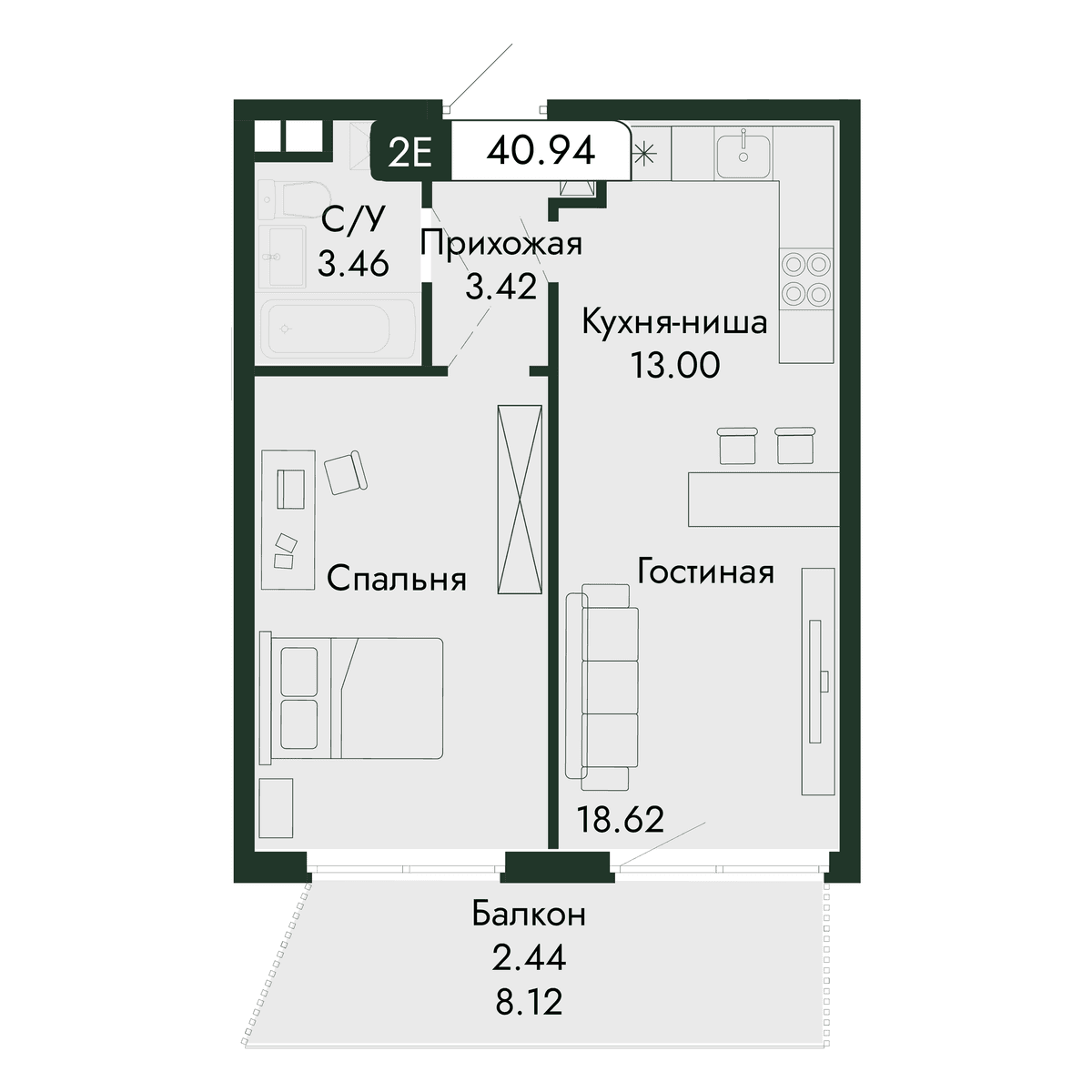 2-к, 40.94 м² · Парковая Резиденция