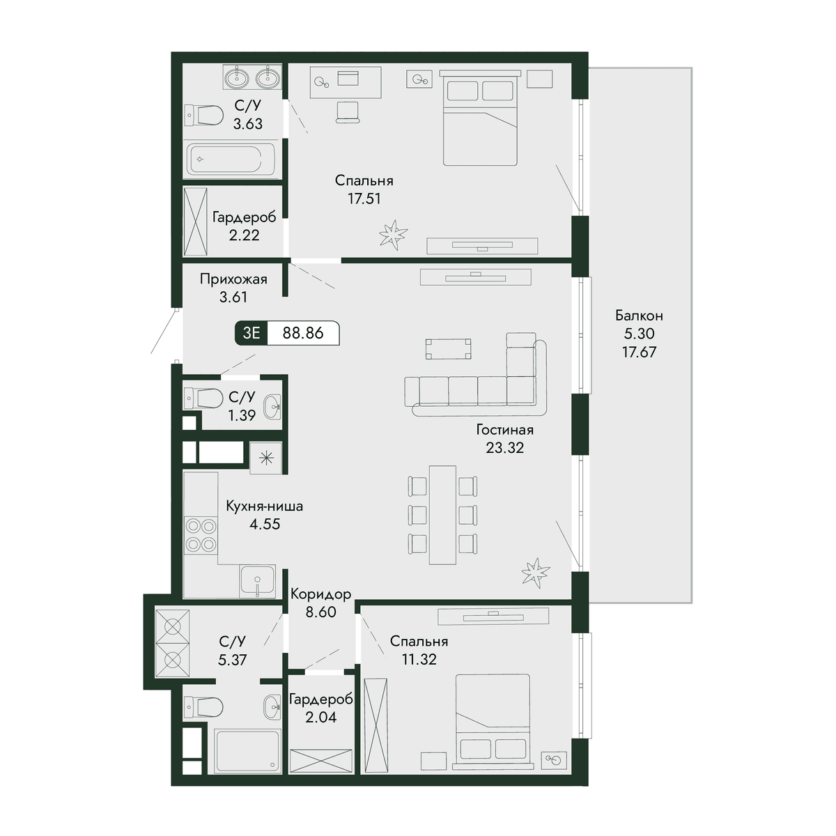 3-к, 88.86 м² · Парковая Резиденция