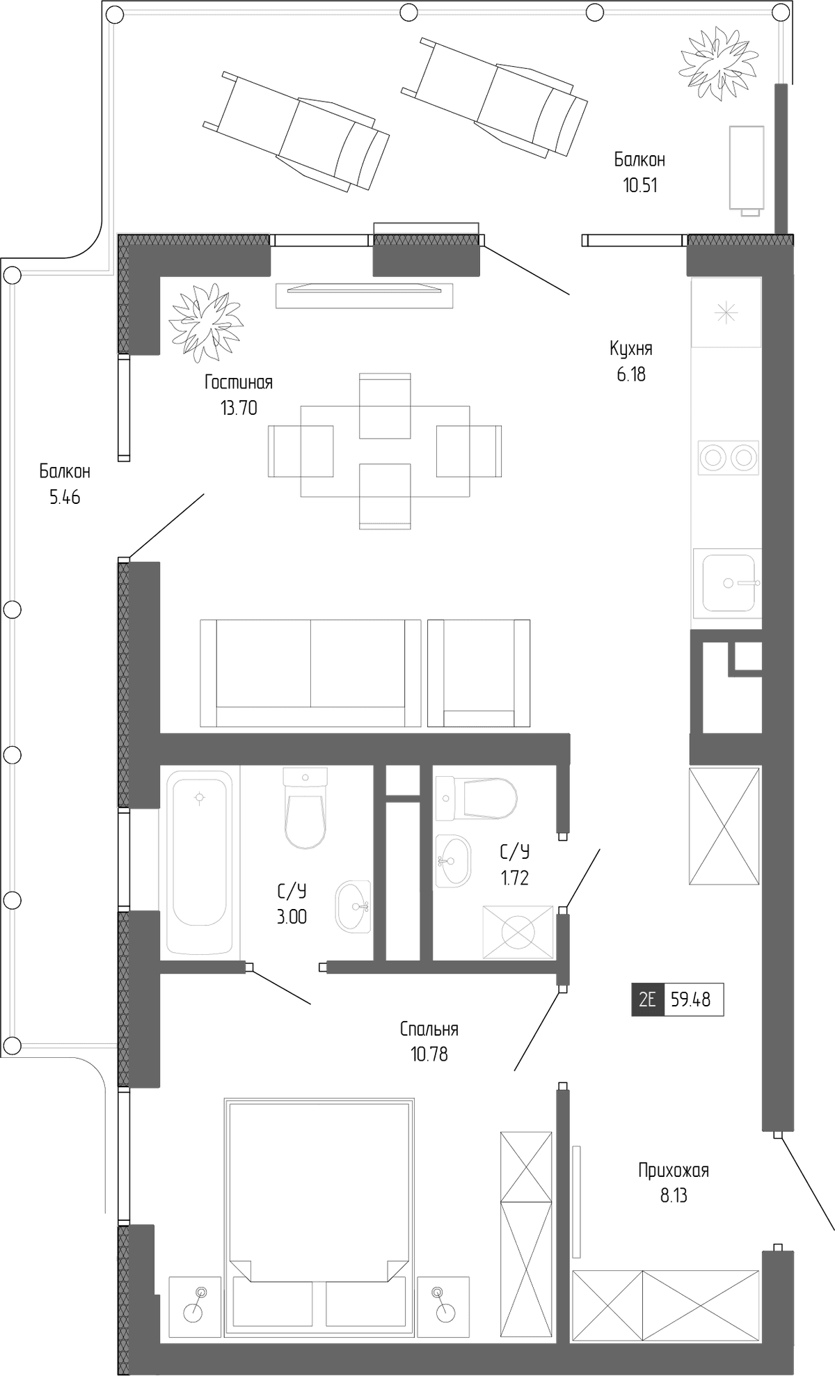 2-к, 59.48 м² · Крымская Резиденция