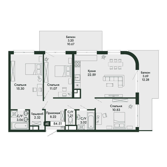 4-к, 84.51 м² · Парковая Резиденция
