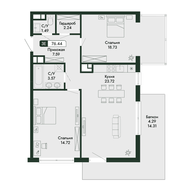 3-к, 76.44 м² · Парковая Резиденция