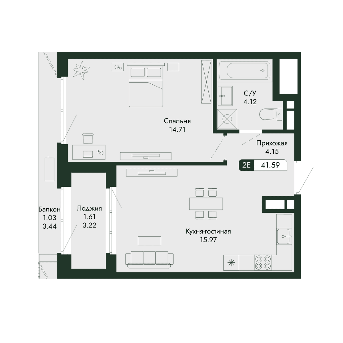 2-к, 41.59 м² · Парковая Резиденция