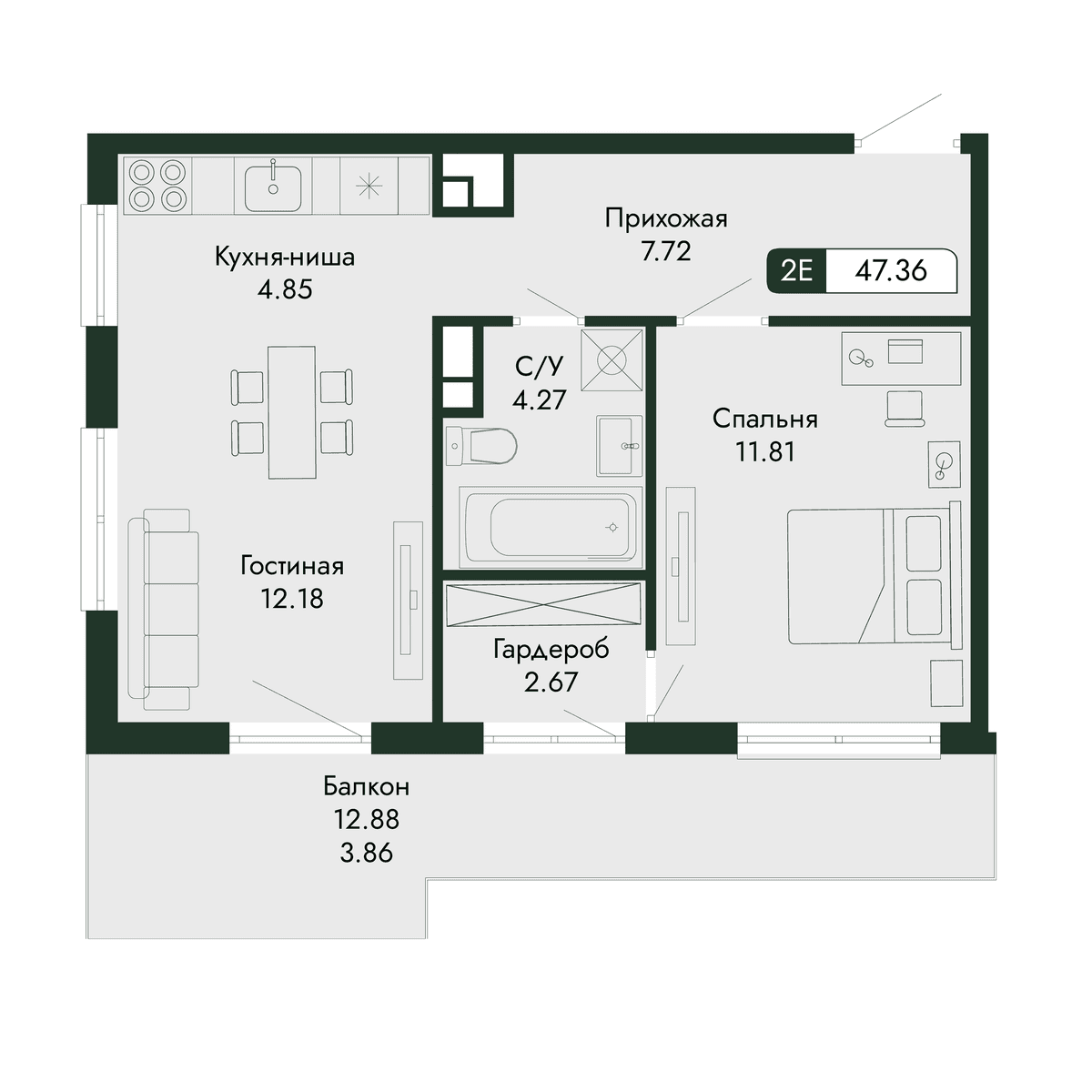 2-к, 47.36 м² · Парковая Резиденция