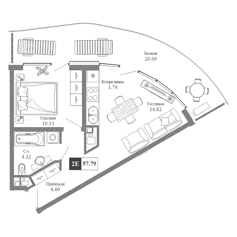 2-к, 57.79 м² · Крымская Резиденция