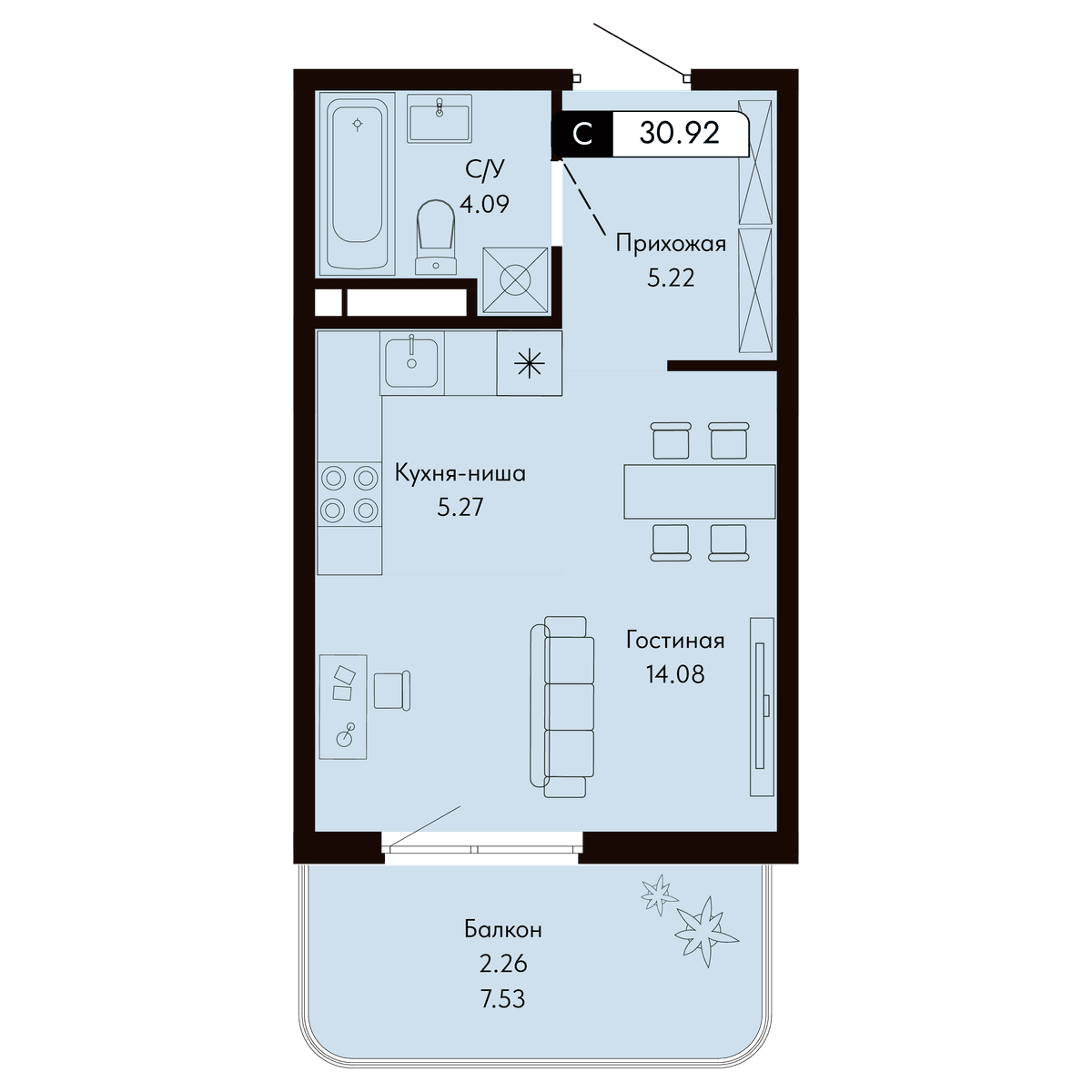 1-к, 30.92 м² · Ялтинская Резиденция
