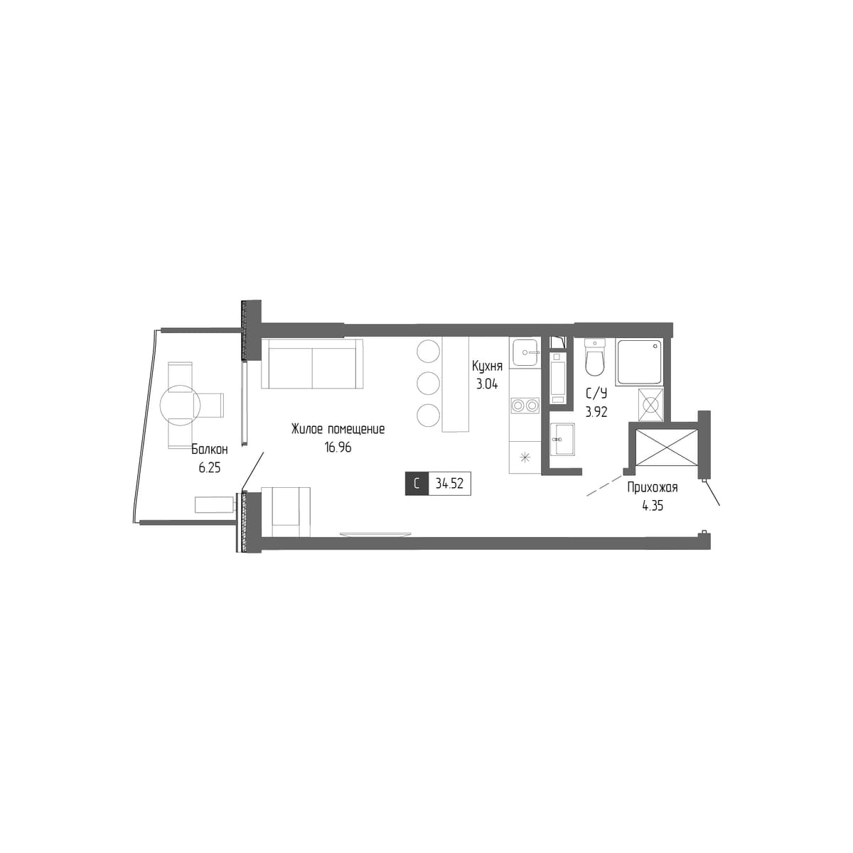 1-к, 34.52 м² · Крымская Резиденция