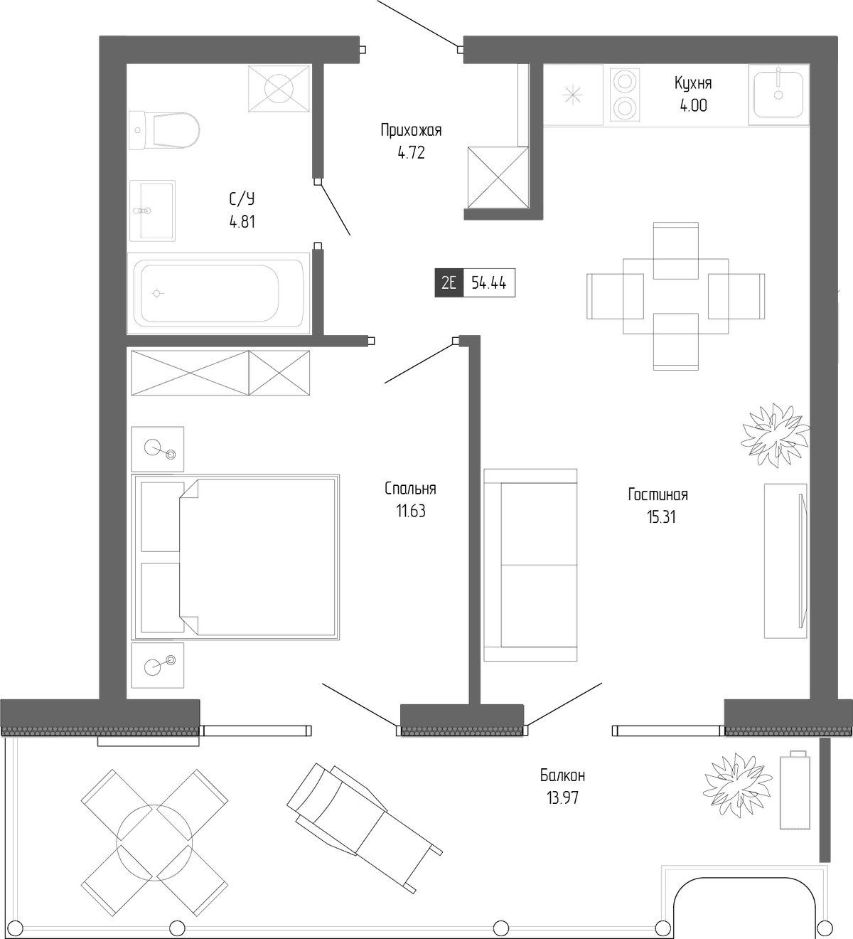 2-к, 54.44 м² · Крымская Резиденция