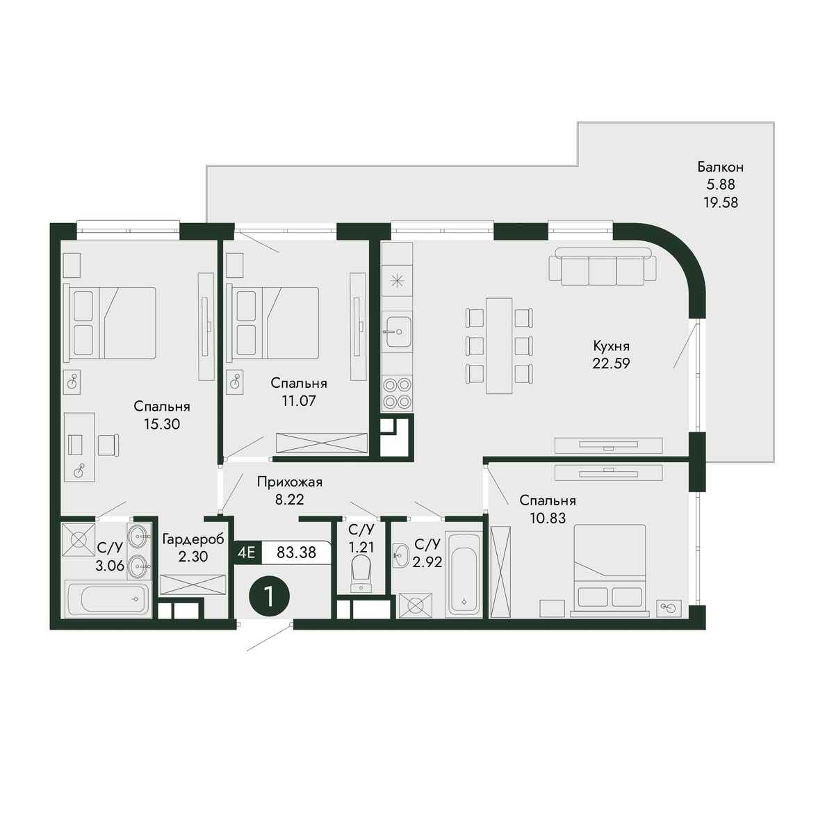 4-к, 83.38 м² · Парковая Резиденция