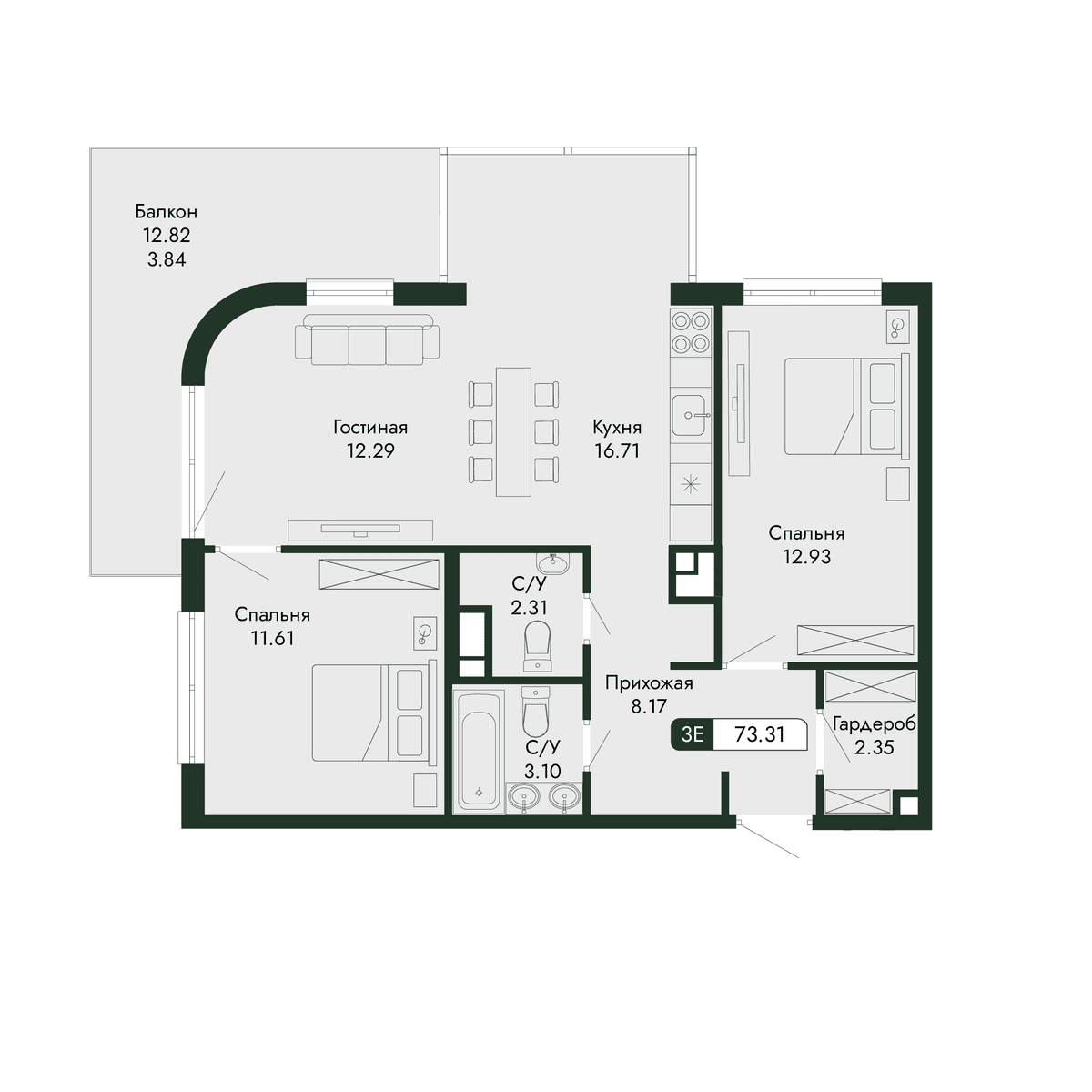 3-к, 73.31 м² · Парковая Резиденция