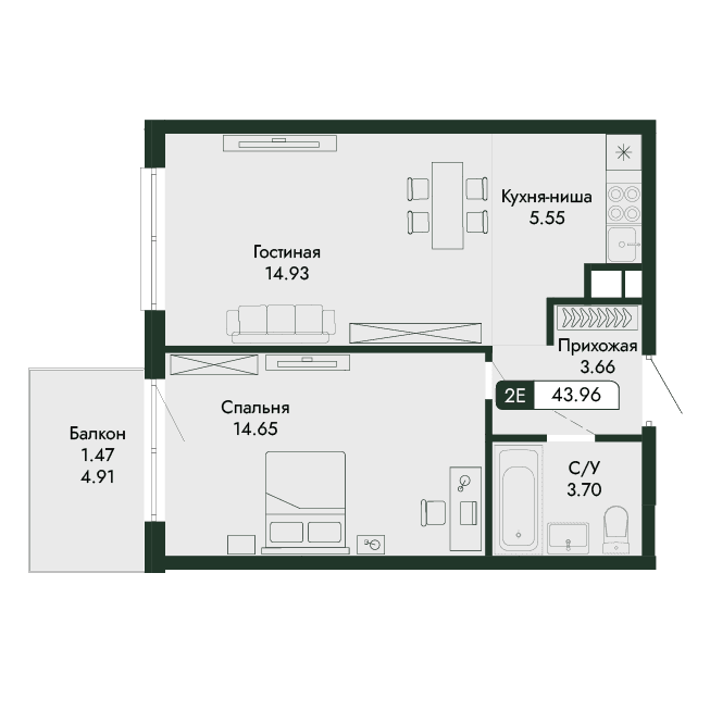 2-к, 43.96 м² · Парковая Резиденция