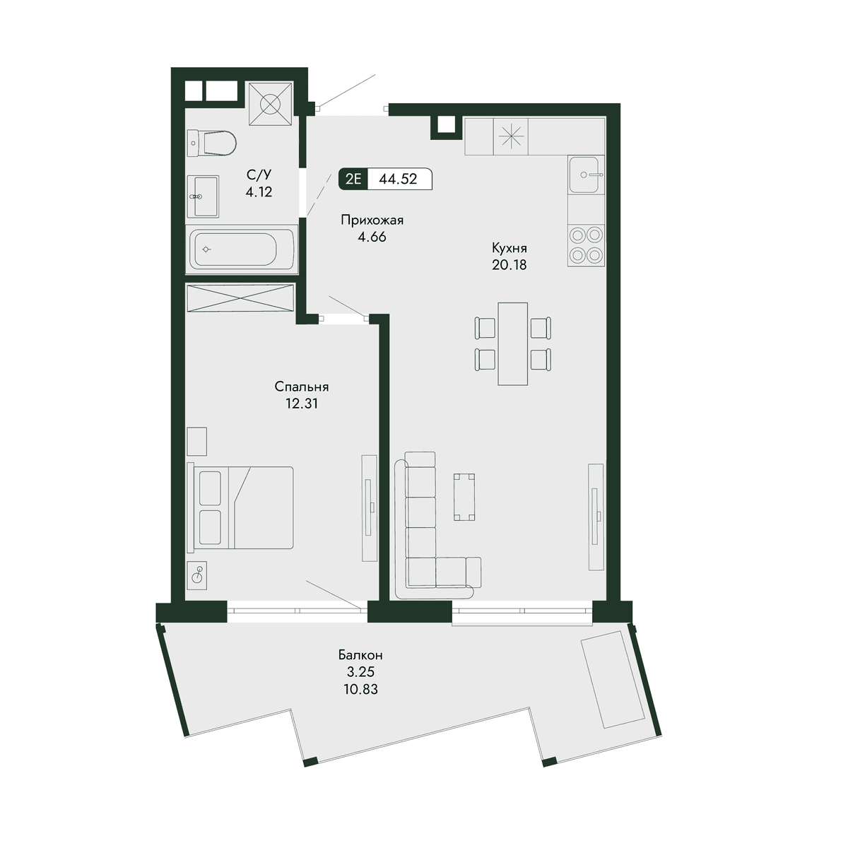 2-к, 44.52 м² · Парковая Резиденция