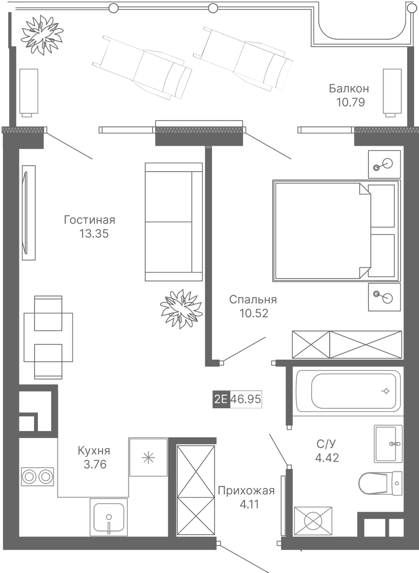 2-к, 46.95 м² · Крымская Резиденция