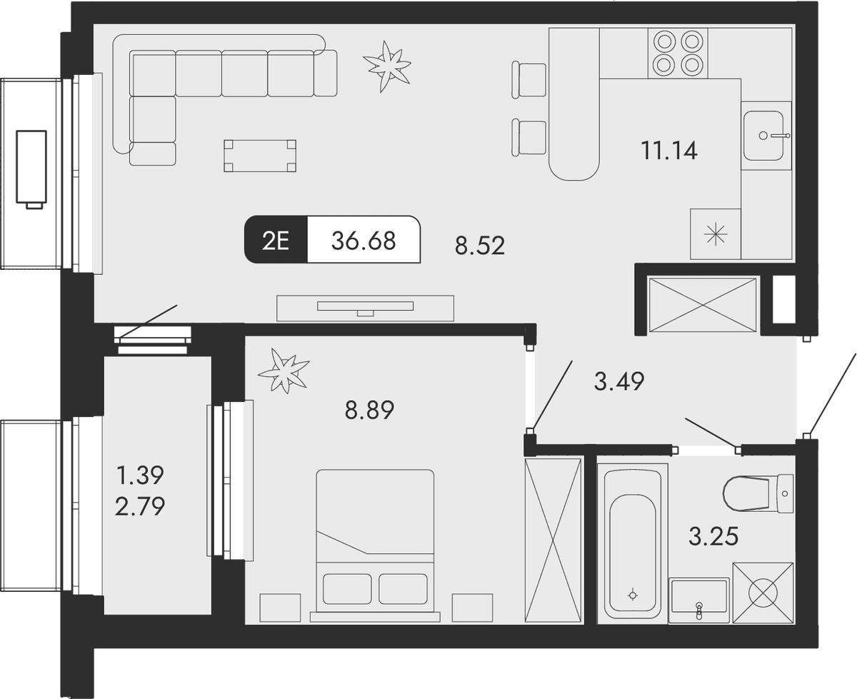 2-к, 36.68 м² · Парковая Резиденция