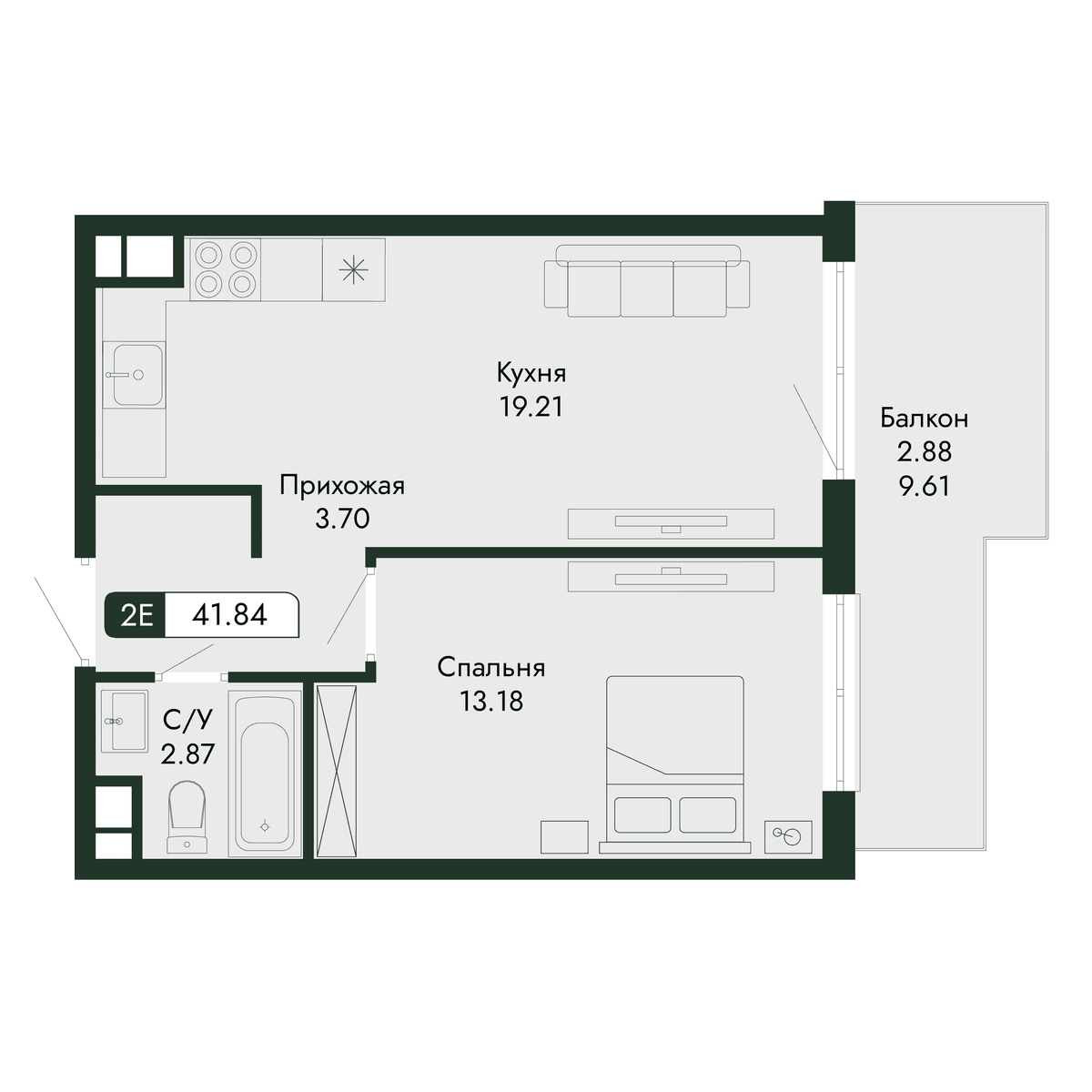 2-к, 41.84 м² · Парковая Резиденция