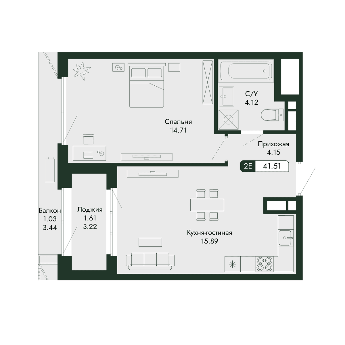 2-к, 41.51 м² · Парковая Резиденция