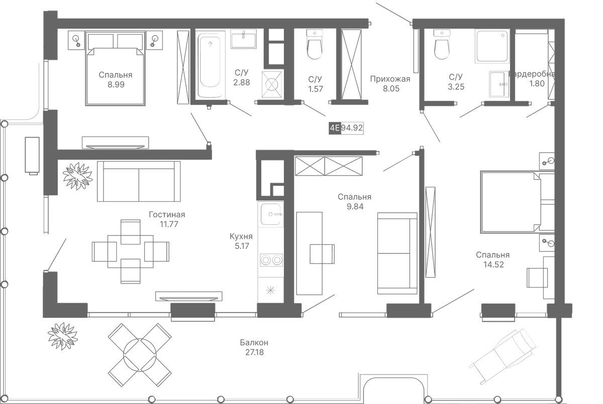 4-к, 94.92 м² · Крымская Резиденция