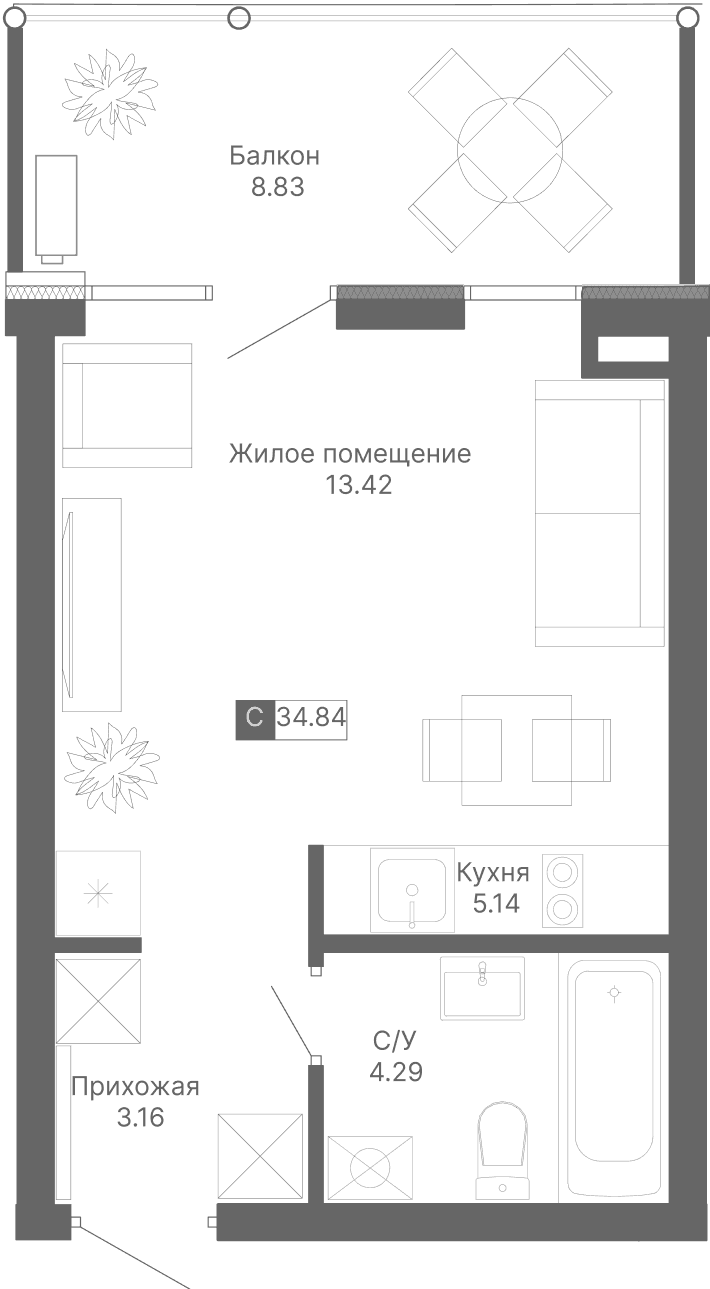 1-к, 34.84 м² · Крымская Резиденция