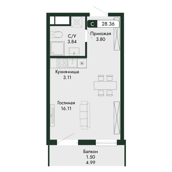 1-к, 28.36 м² · Парковая Резиденция