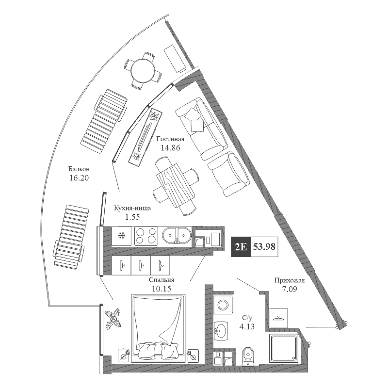 2-к, 53.98 м² · Крымская Резиденция