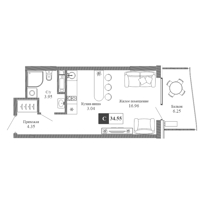 1-к, 34.55 м² · Крымская Резиденция