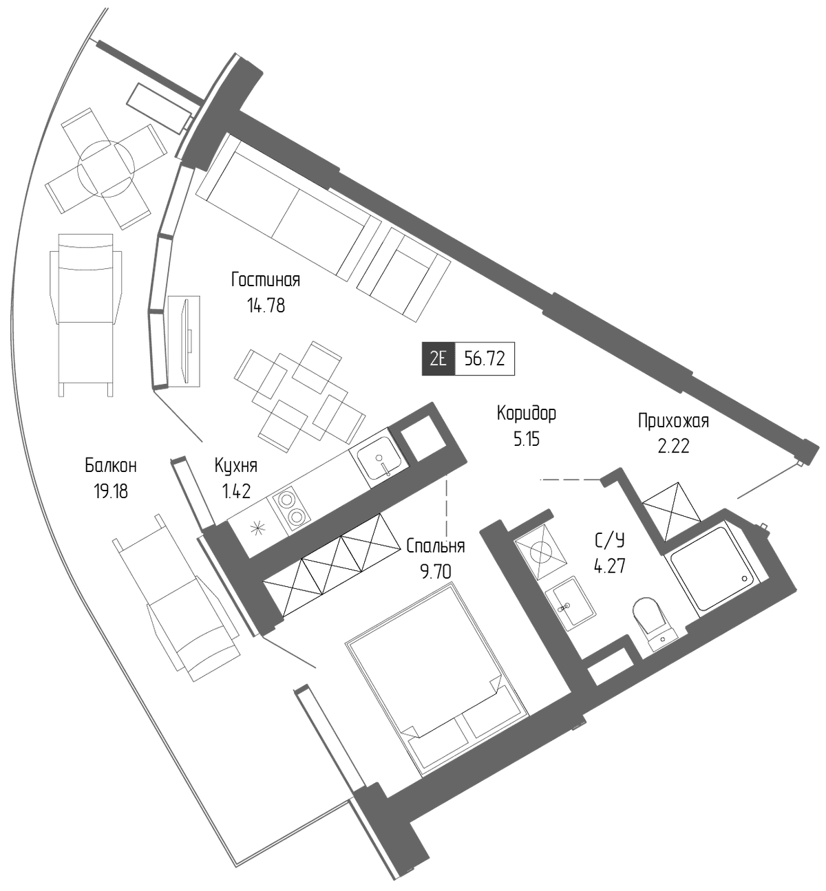 2-к, 56.72 м² · Крымская Резиденция