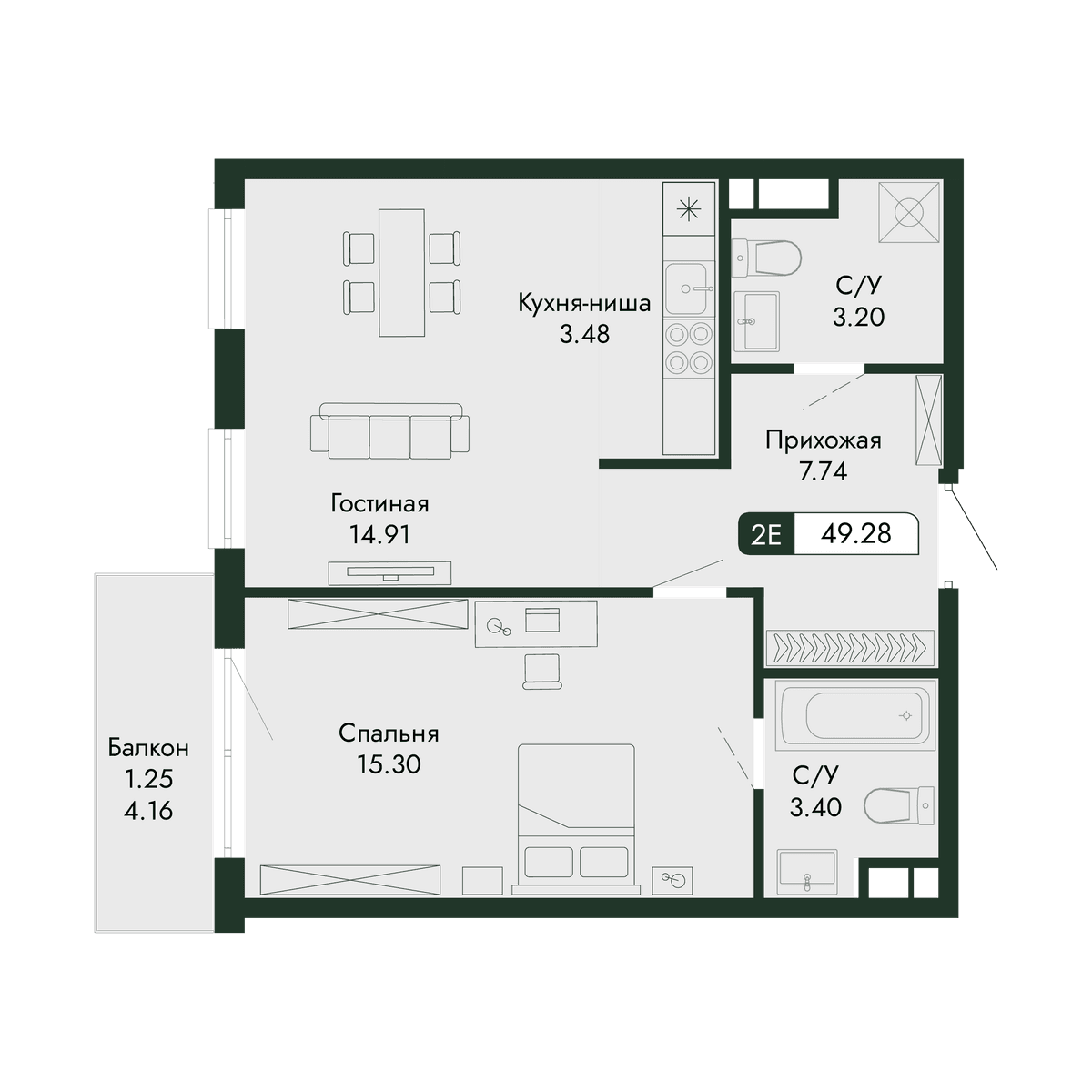 2-к, 49.28 м² · Парковая Резиденция