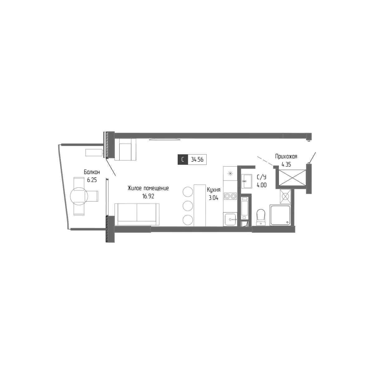 1-к, 34.56 м² · Крымская Резиденция