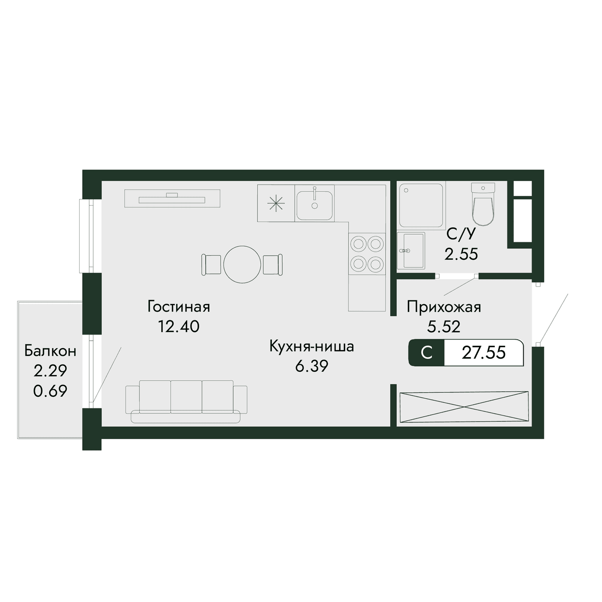 1-к, 27.55 м² · Парковая Резиденция