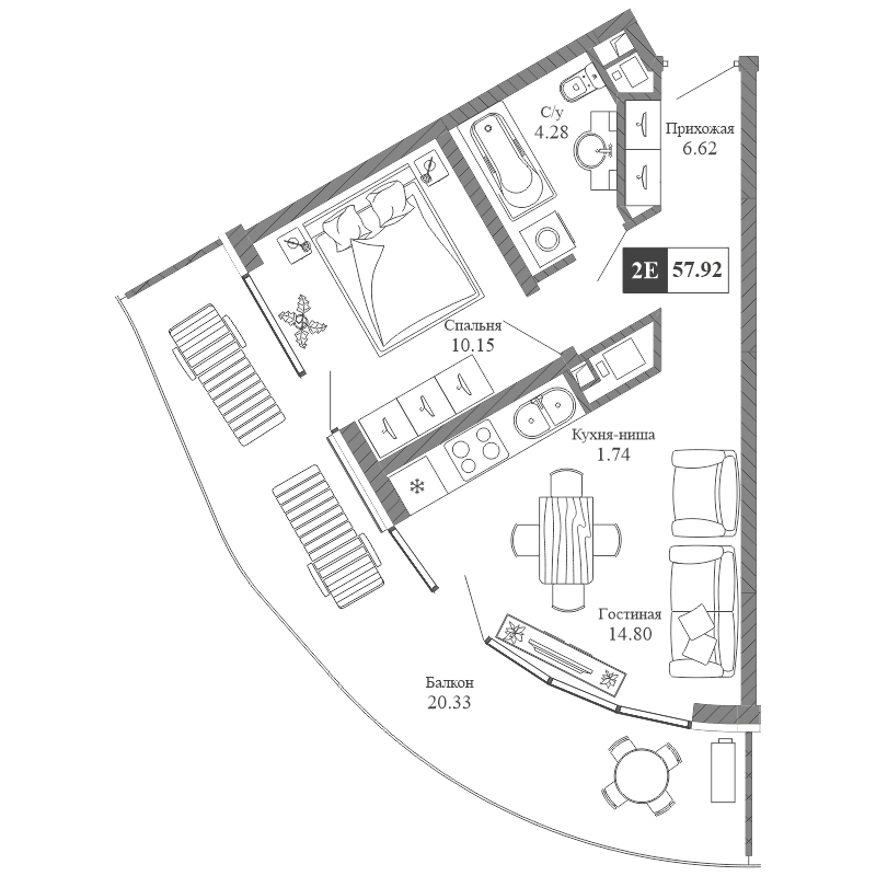 2-к, 57.92 м² · Крымская Резиденция