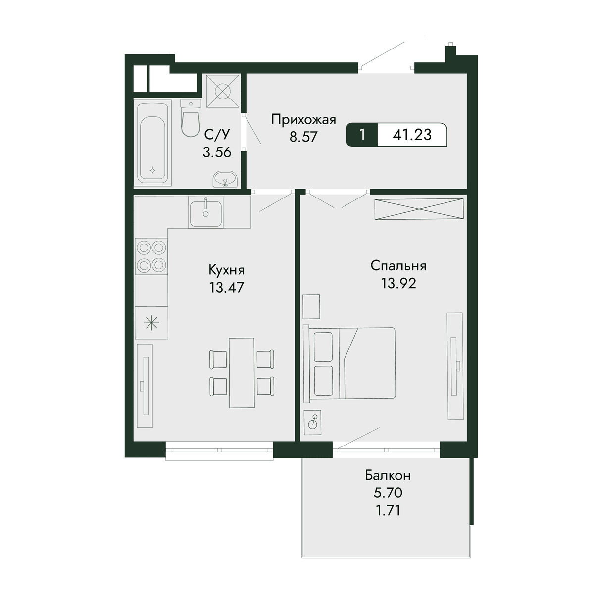 2-к, 41.23 м² · Парковая Резиденция
