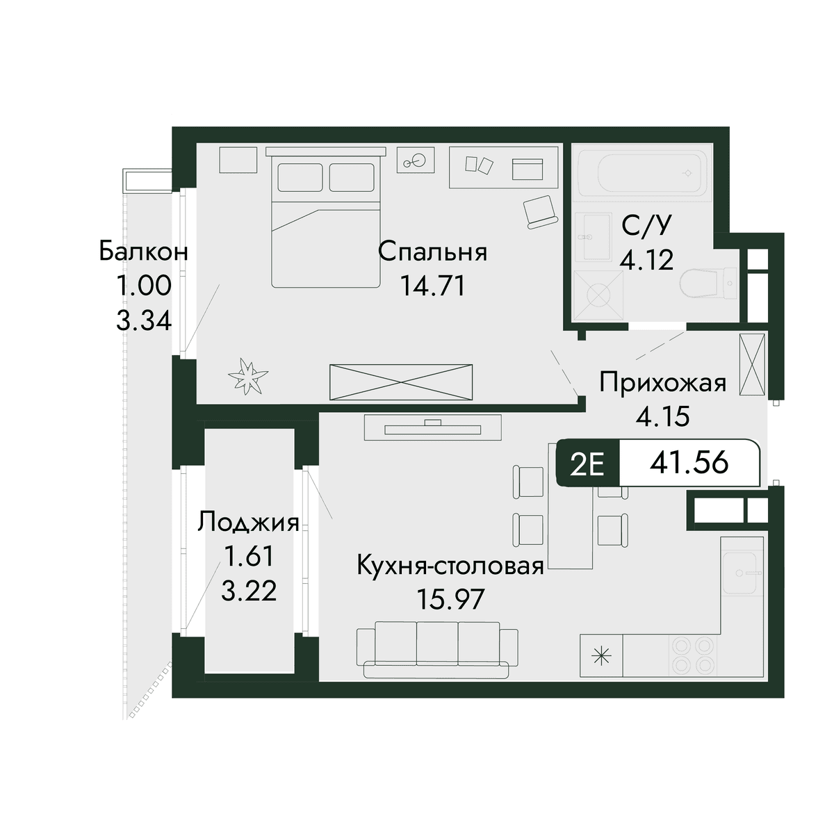 2-к, 41.56 м² · Парковая Резиденция