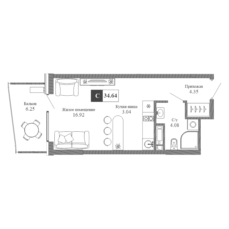 1-к, 34.64 м² · Крымская Резиденция