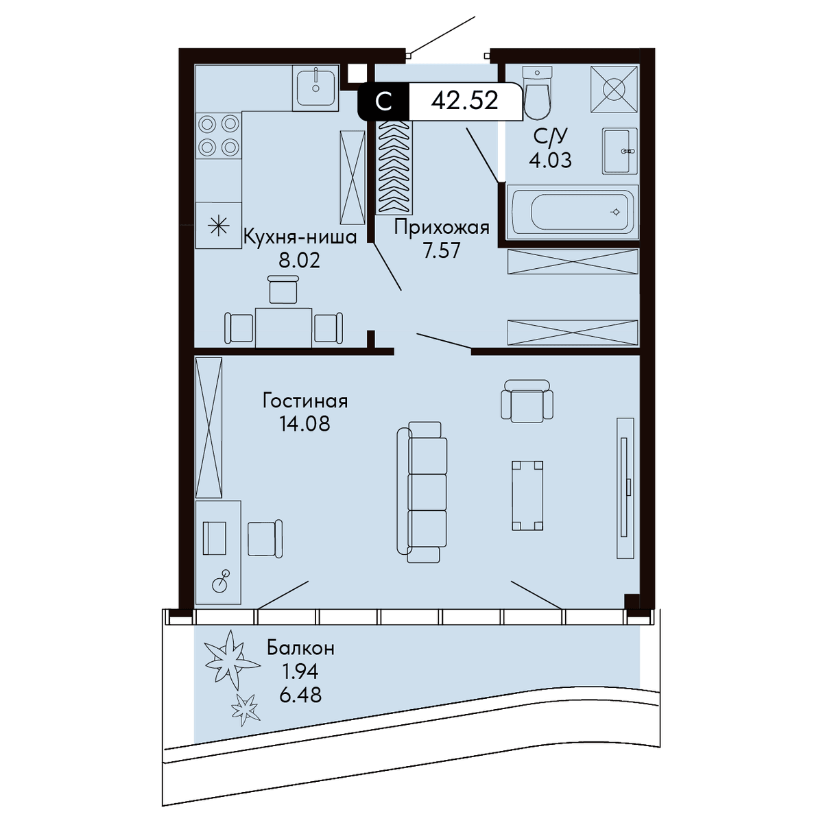 1-к, 42.52 м² · Ялтинская Резиденция