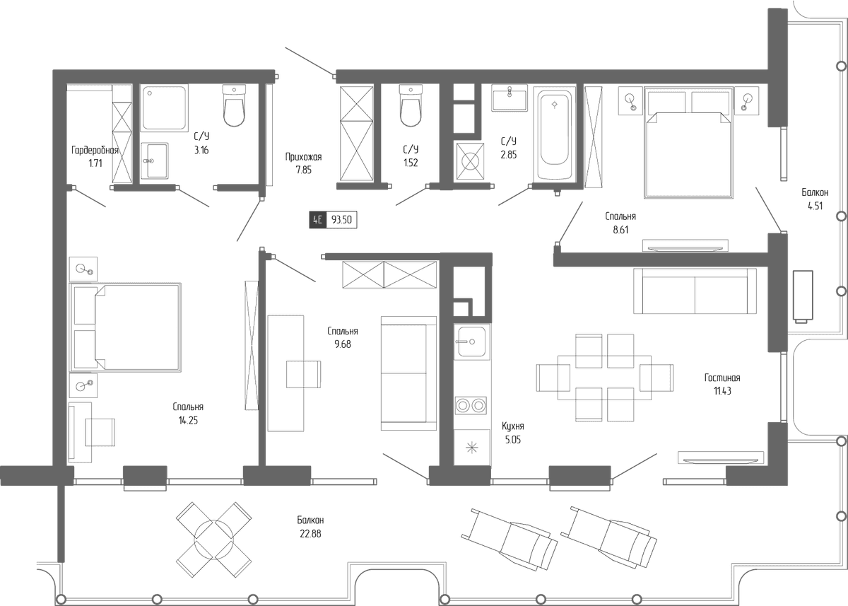 4-к, 93.5 м² · Крымская Резиденция