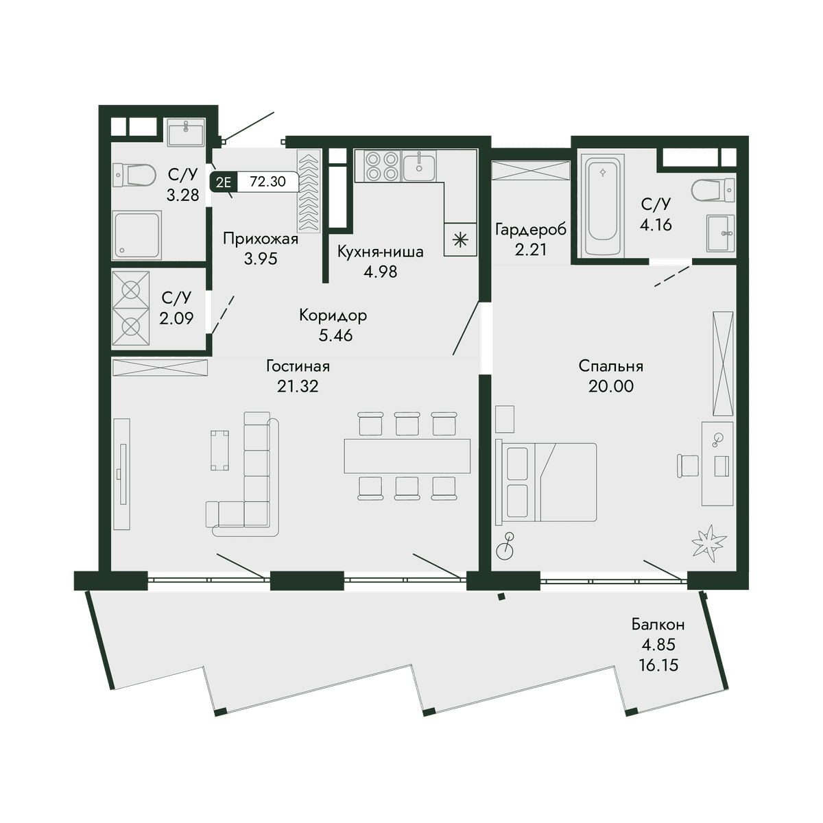 2-к, 72.3 м² · Парковая Резиденция