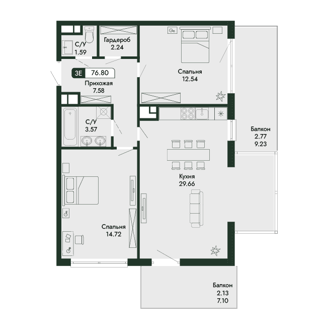 3-к, 76.8 м² · Парковая Резиденция