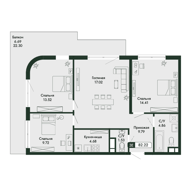 4-к, 82.22 м² · Парковая Резиденция