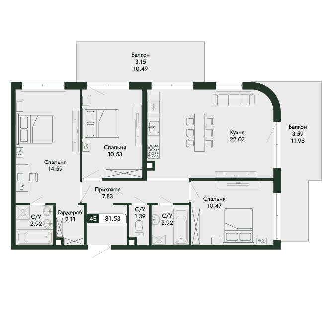 4-к, 81.53 м² · Парковая Резиденция