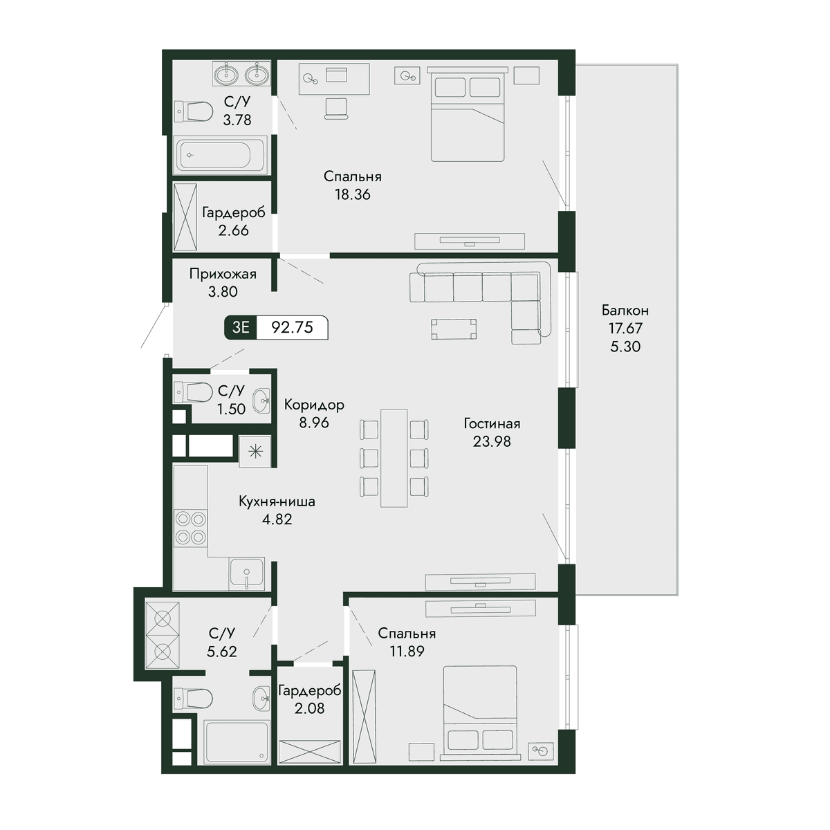 3-к, 92.75 м² · Парковая Резиденция