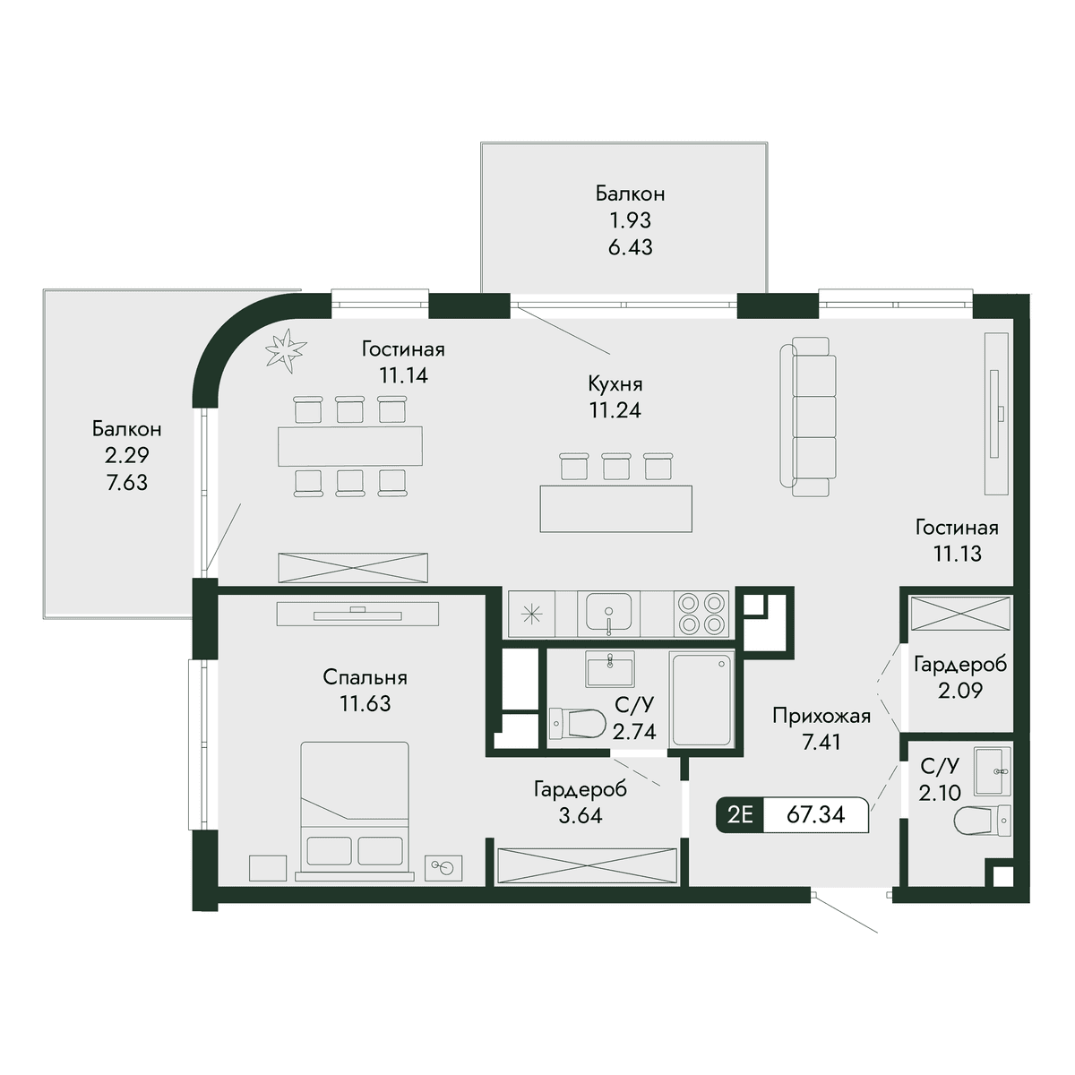 2-к, 67.34 м² · Парковая Резиденция
