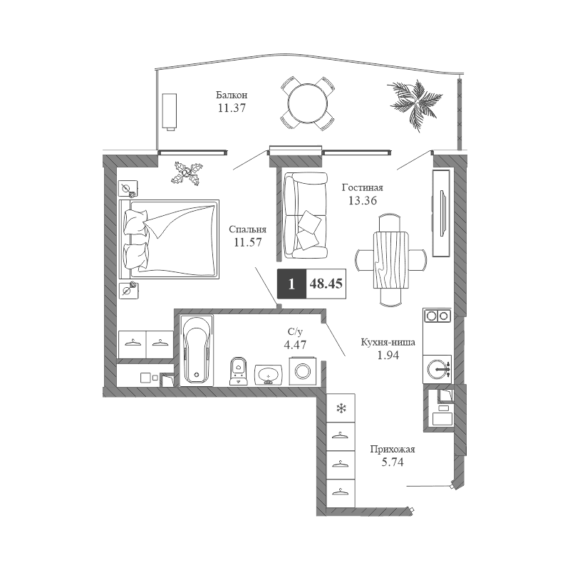 2-к, 48.45 м² · Крымская Резиденция