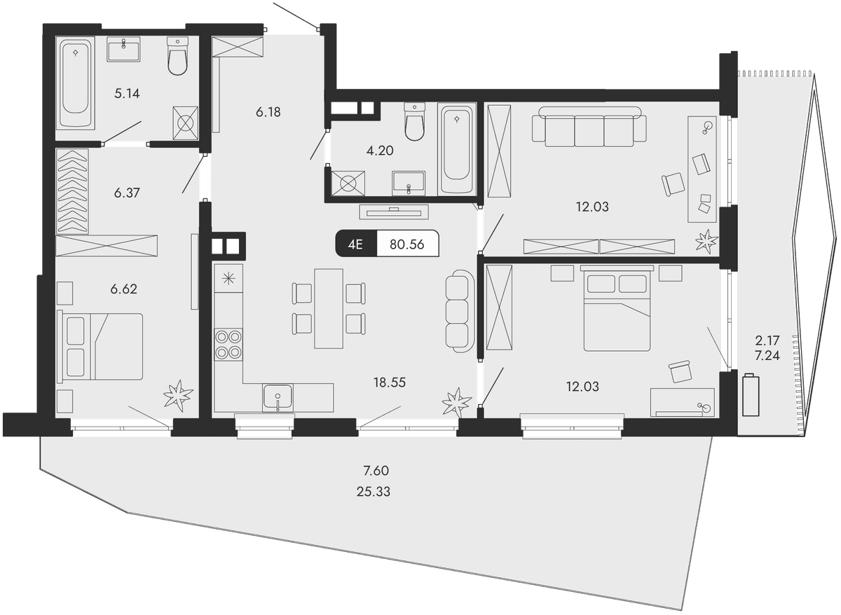 4-к, 80.56 м² · Парковая Резиденция