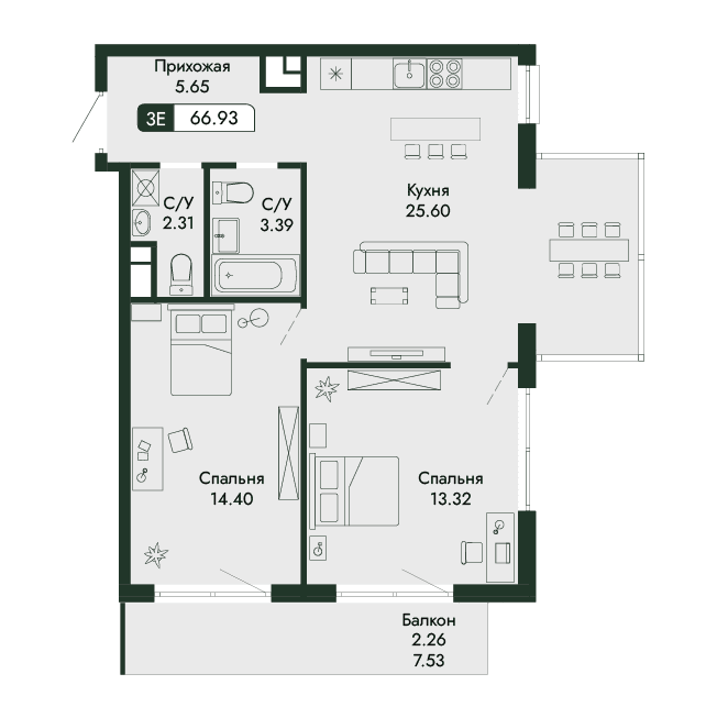 3-к, 66.93 м² · Парковая Резиденция